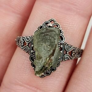 Victorian Style 925 Sterling Silver Moldavite Ring | Genuine Green Tektite